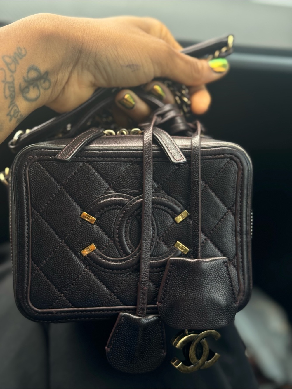 CHANEL Chocolate Burgundy Quilted Vanity Crossbody with Gold Hardware